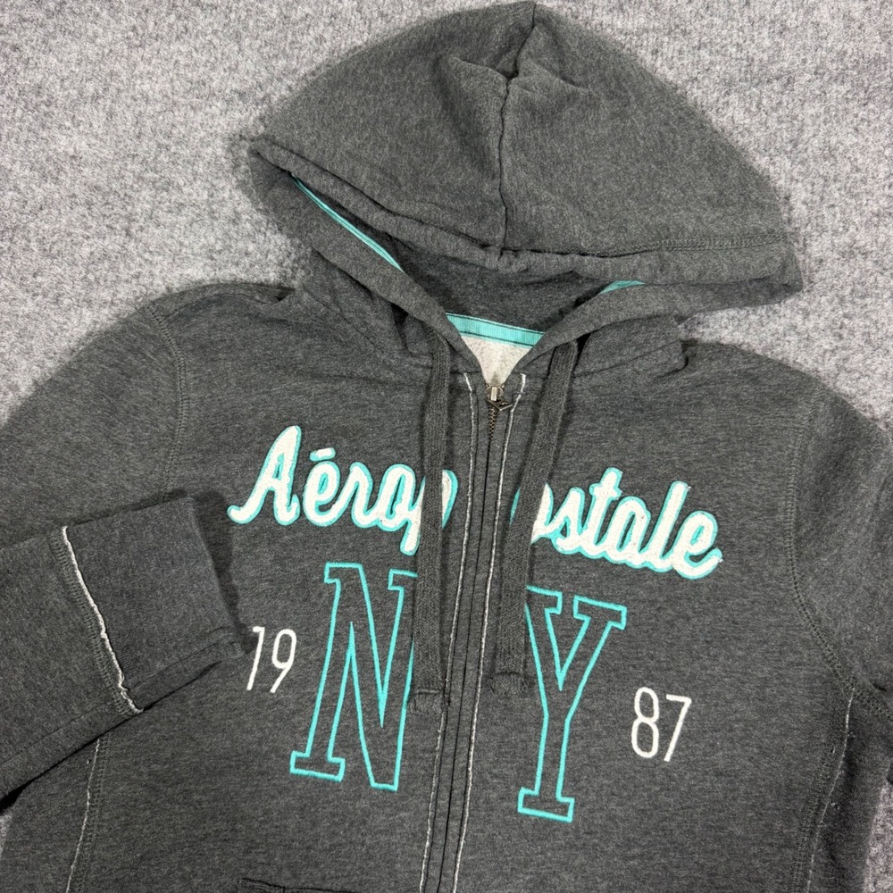 Y2K Aeropostale Zip Up Hoodie Graphic NY 1987 Womens Medium Gray Cotton EUC